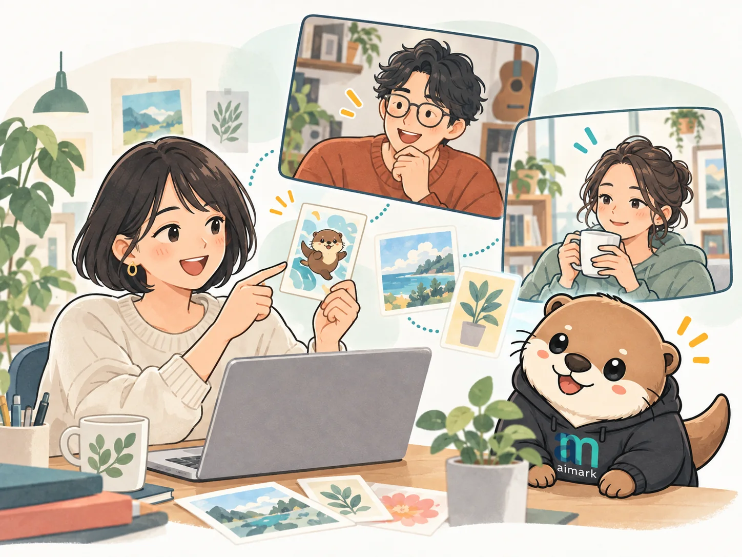 AIで作ったものを、画面越しに見せ合う仲間たちと公式キャラクターAIMA