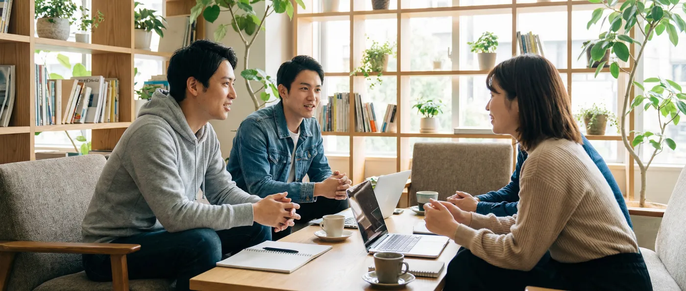 カフェで話し合うメンバーたち